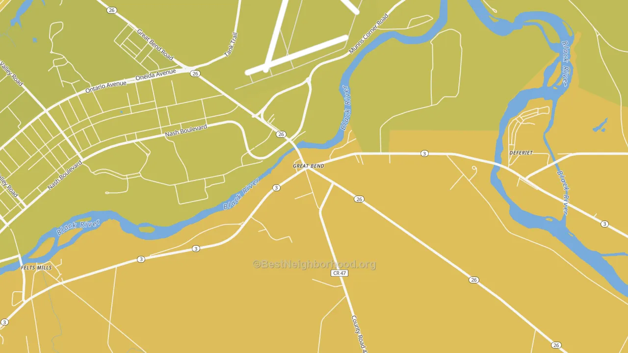 Map of the best neighborhoods in the 13643 area, with better matches in green and worse matches in red