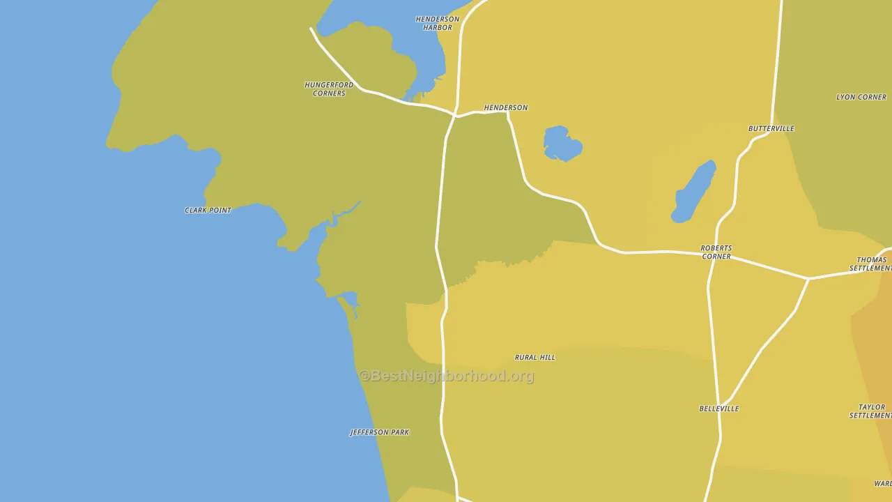 Map of the best neighborhoods in the 13650 area, with better matches in green and worse matches in red