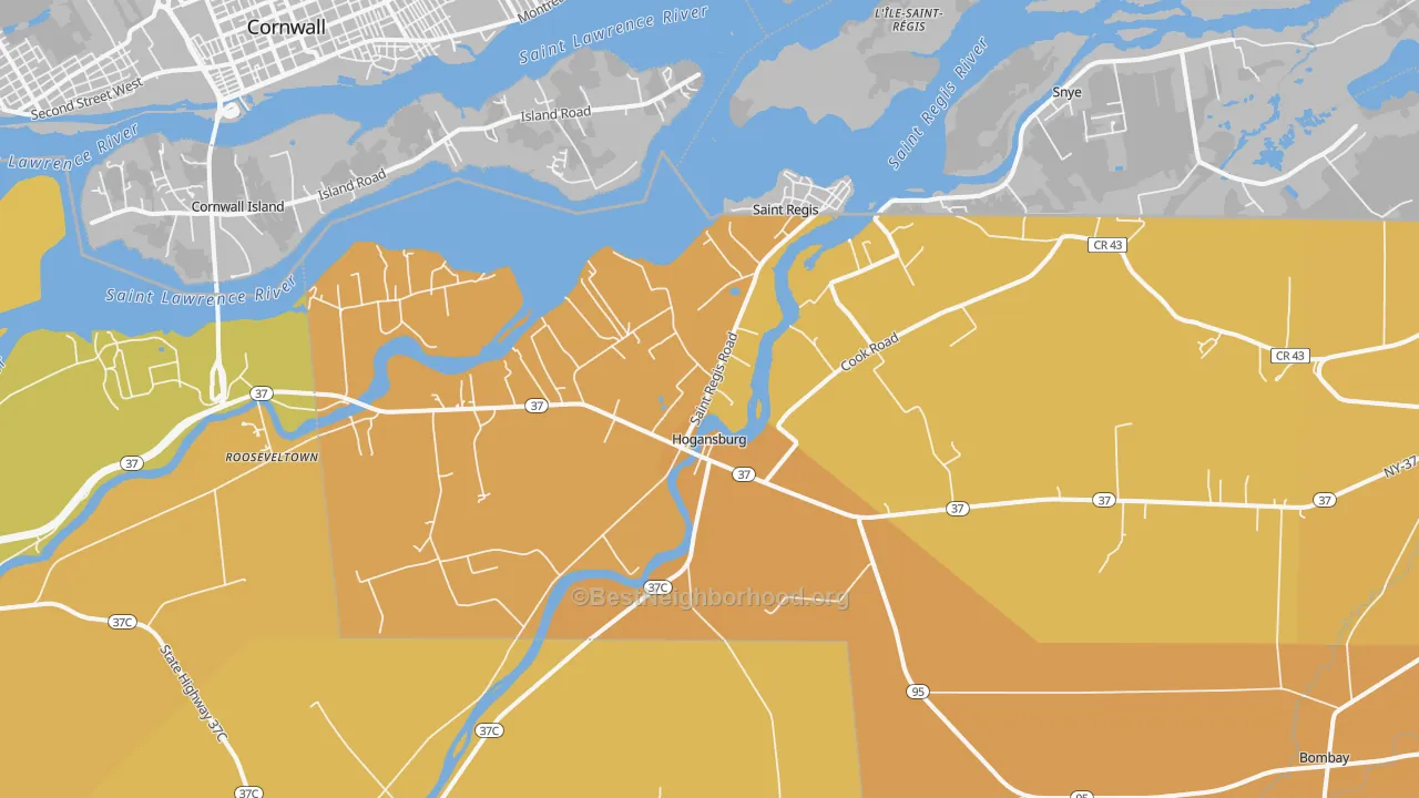 Map of the best neighborhoods in the 13655 area, with better matches in green and worse matches in red