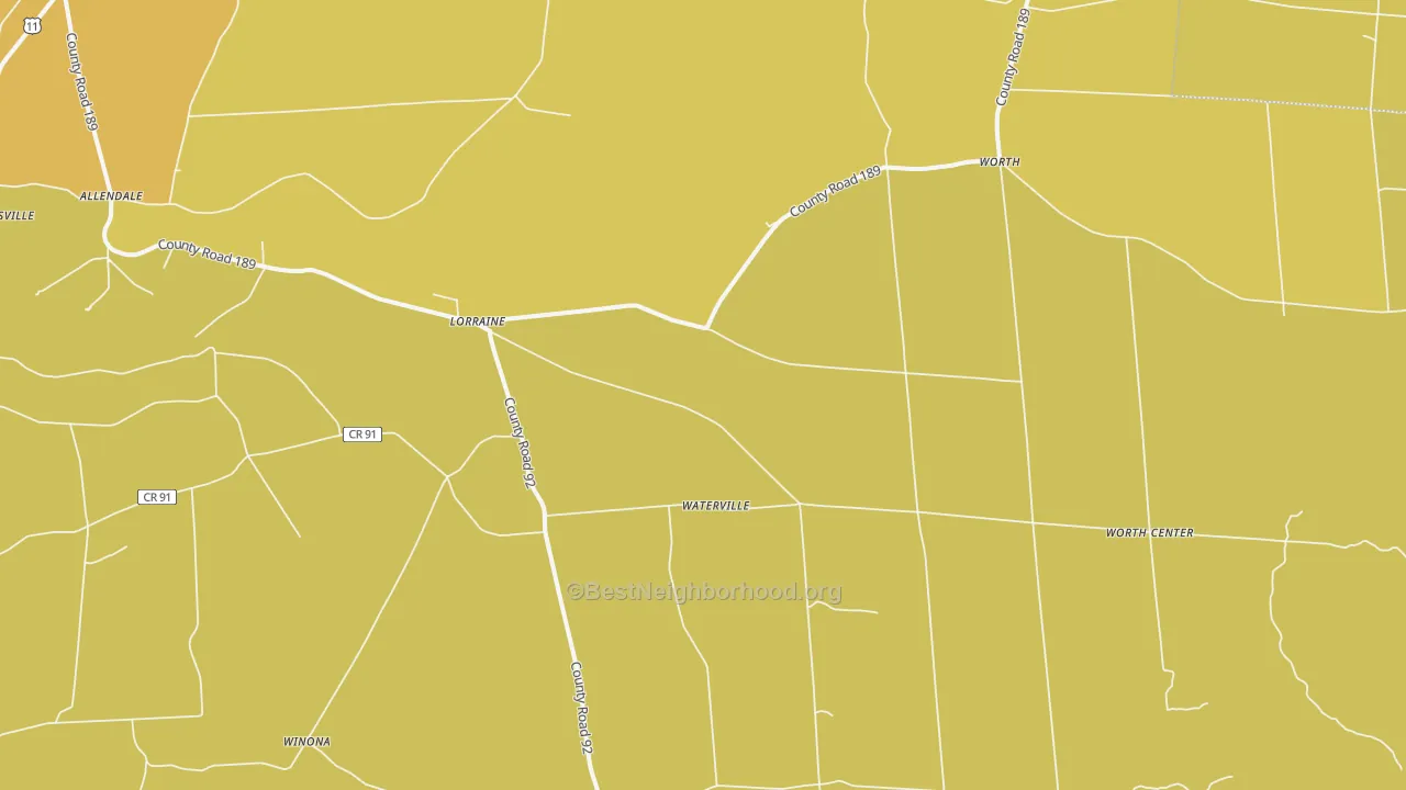 Map of the best neighborhoods in the 13659 area, with better matches in green and worse matches in red