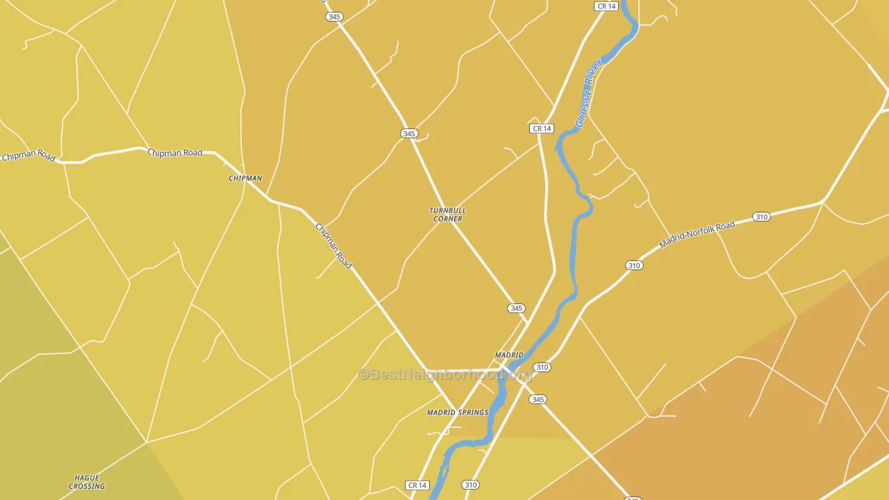 Map of the best neighborhoods in the 13660 area, with better matches in green and worse matches in red