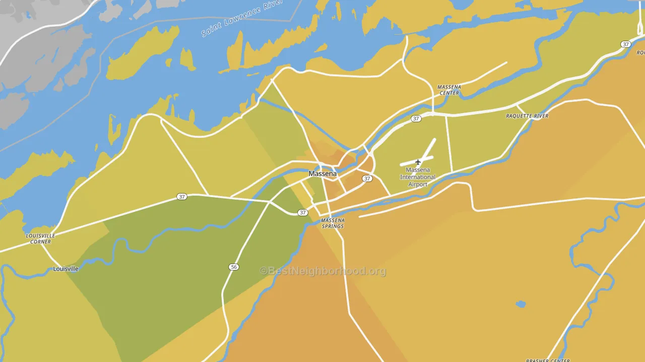 Map of the best neighborhoods in the 13662 area, with better matches in green and worse matches in red