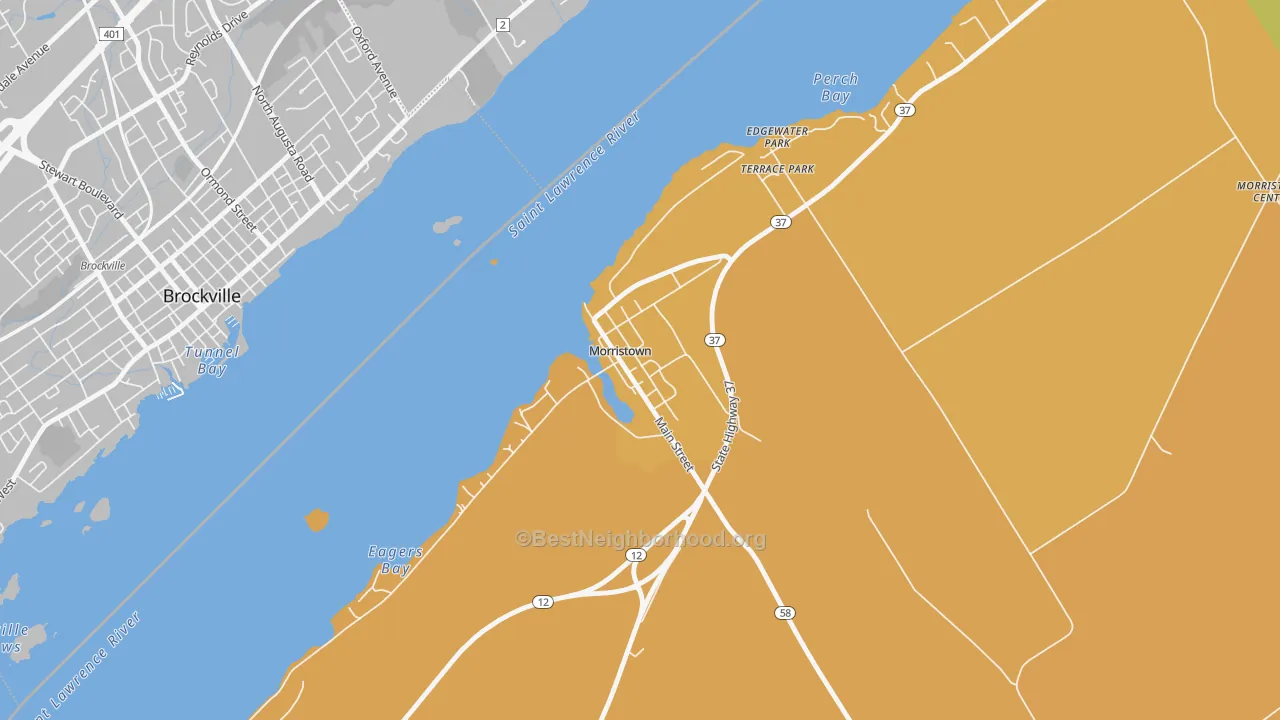 Map of the best neighborhoods in the 13664 area, with better matches in green and worse matches in red