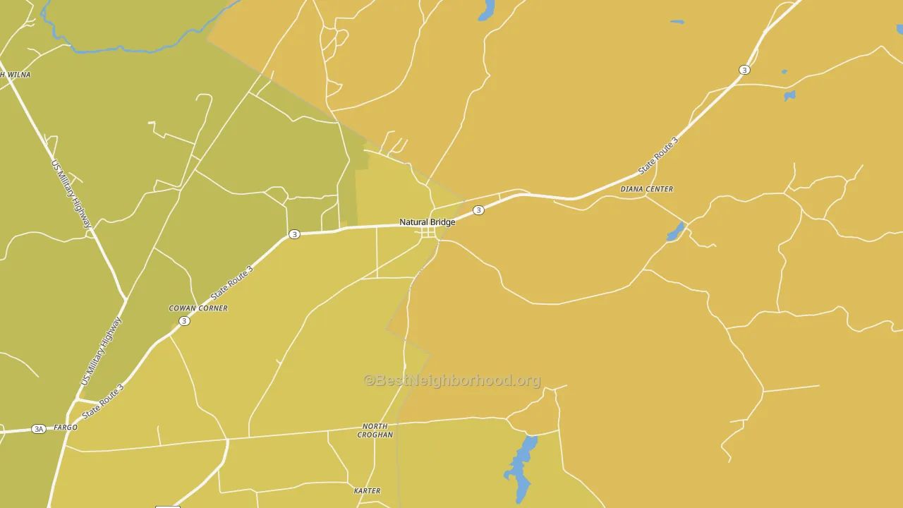 Map of the best neighborhoods in the 13665 area, with better matches in green and worse matches in red