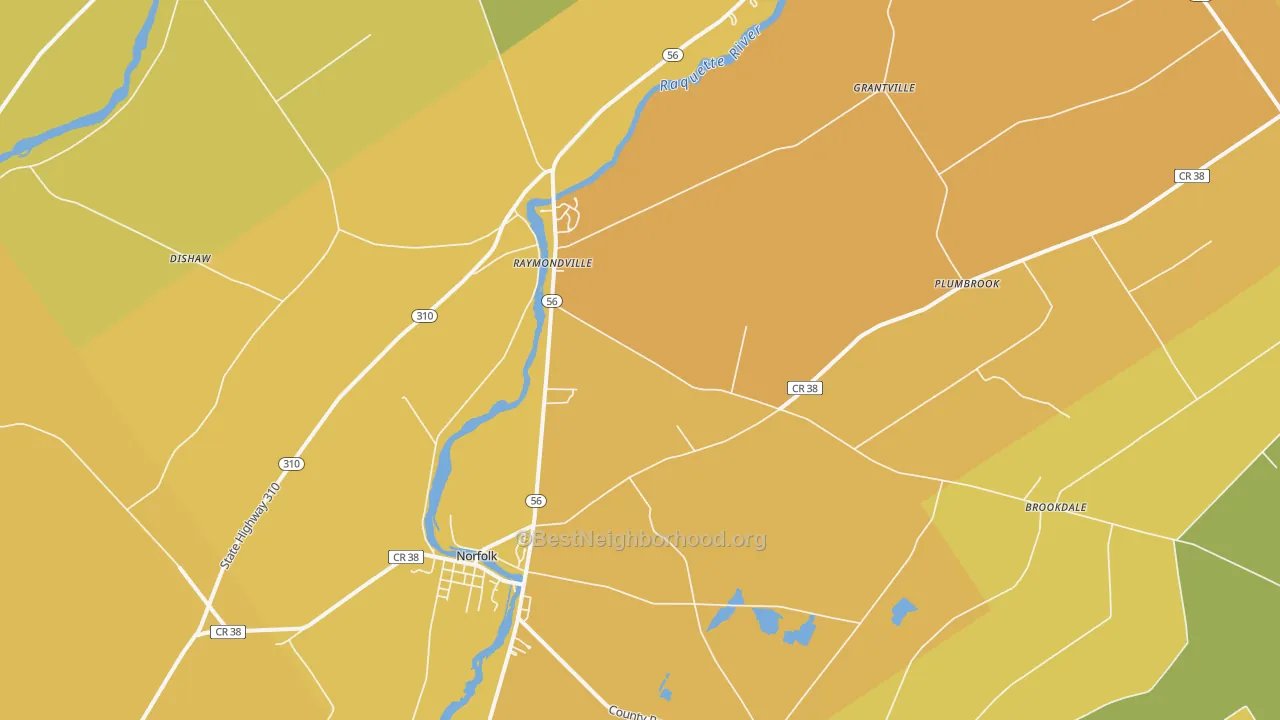 Map of the best neighborhoods in the 13667 area, with better matches in green and worse matches in red