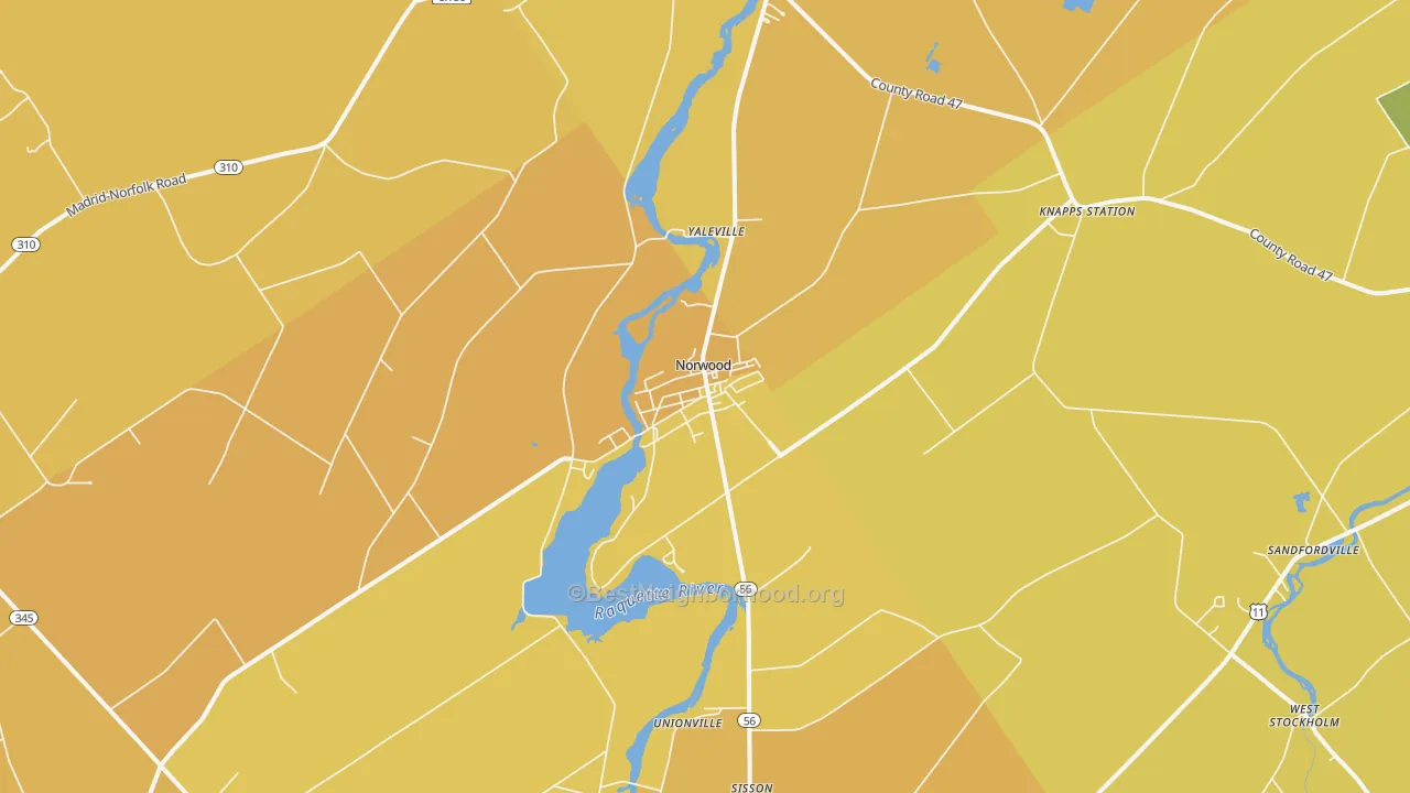 Map of the best neighborhoods in the 13668 area, with better matches in green and worse matches in red