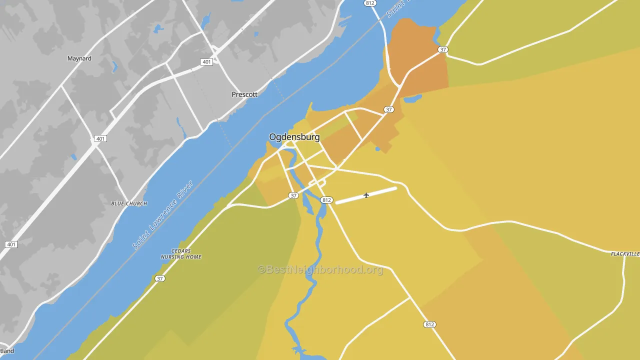 Map of the best neighborhoods in the 13669 area, with better matches in green and worse matches in red