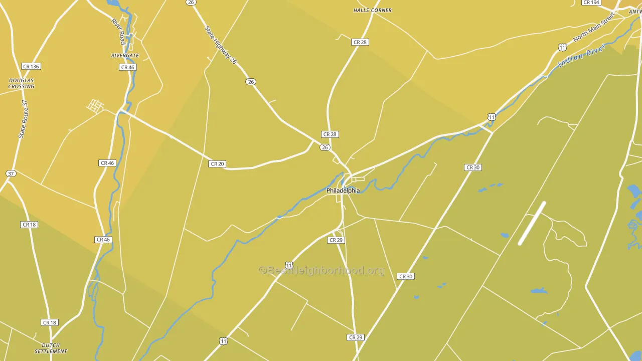 Map of the best neighborhoods in the 13673 area, with better matches in green and worse matches in red