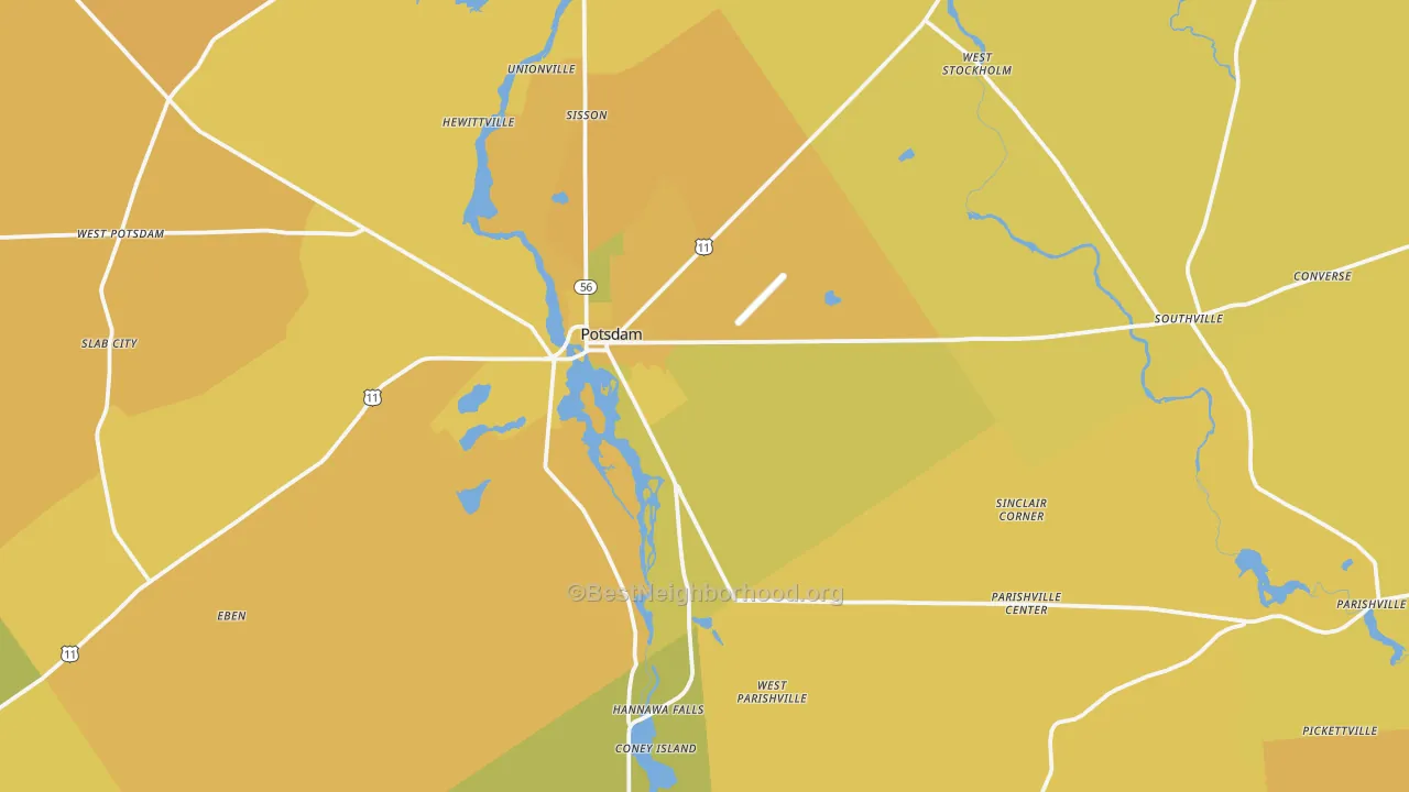 Map of the best neighborhoods in the 13676 area, with better matches in green and worse matches in red