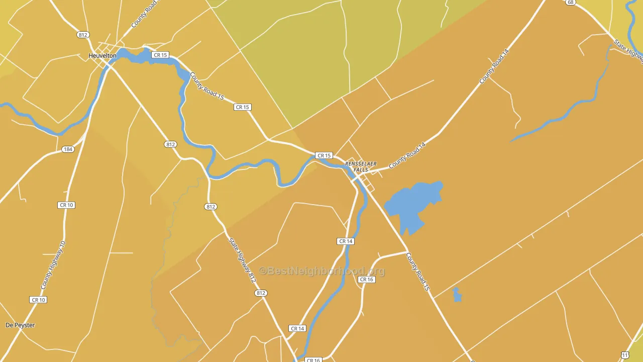 Map of the best neighborhoods in the 13680 area, with better matches in green and worse matches in red