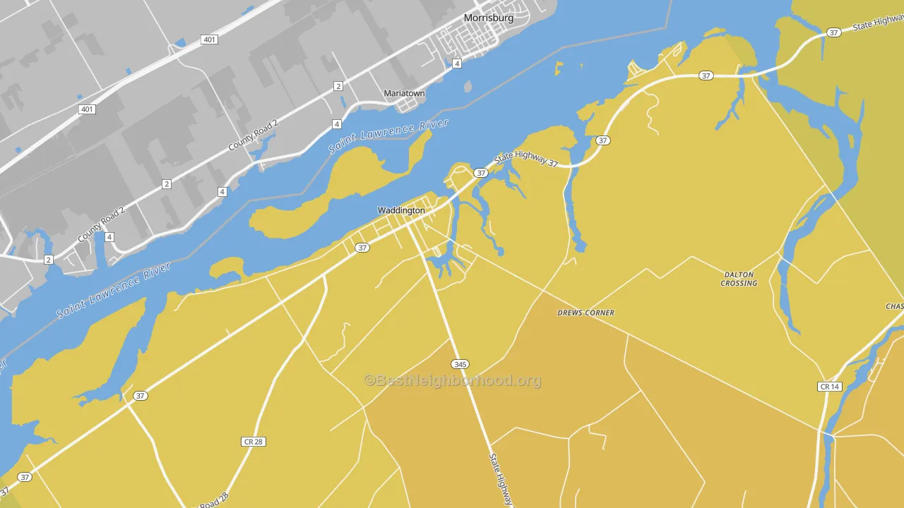 Map of the best neighborhoods in the 13694 area, with better matches in green and worse matches in red