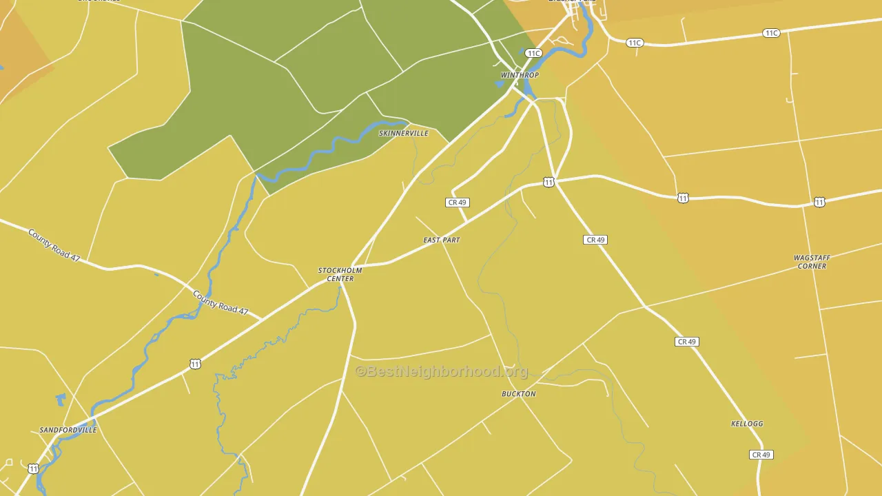 Map of the best neighborhoods in the 13697 area, with better matches in green and worse matches in red