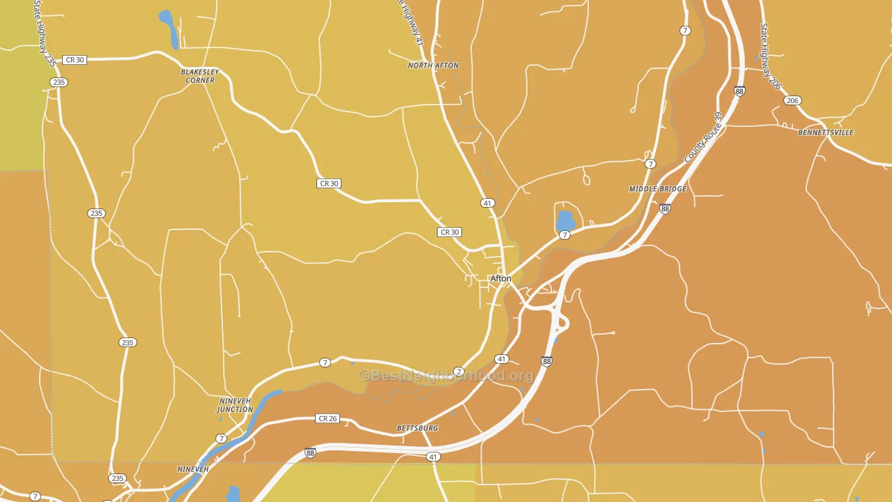 Map of the best neighborhoods in the 13730 area, with better matches in green and worse matches in red