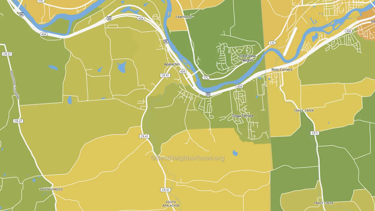 Map of the best neighborhoods in the 13732 area, with better matches in green and worse matches in red