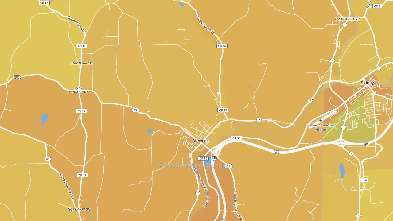 Map of the best neighborhoods in the 13733 area, with better matches in green and worse matches in red