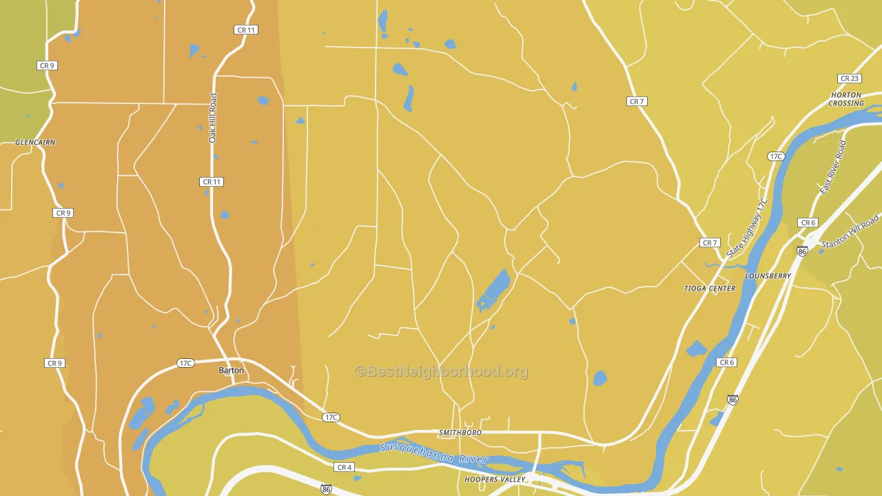 Map of the best neighborhoods in the 13734 area, with better matches in green and worse matches in red