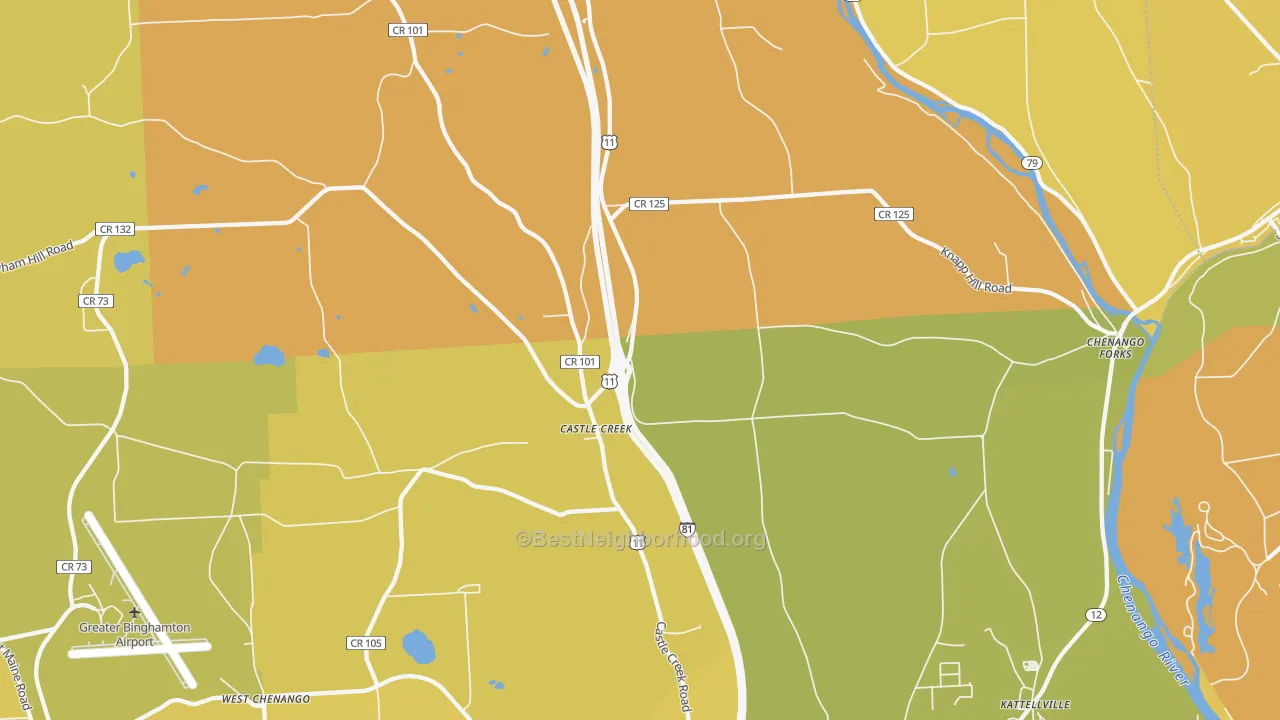 Map of the best neighborhoods in the 13744 area, with better matches in green and worse matches in red