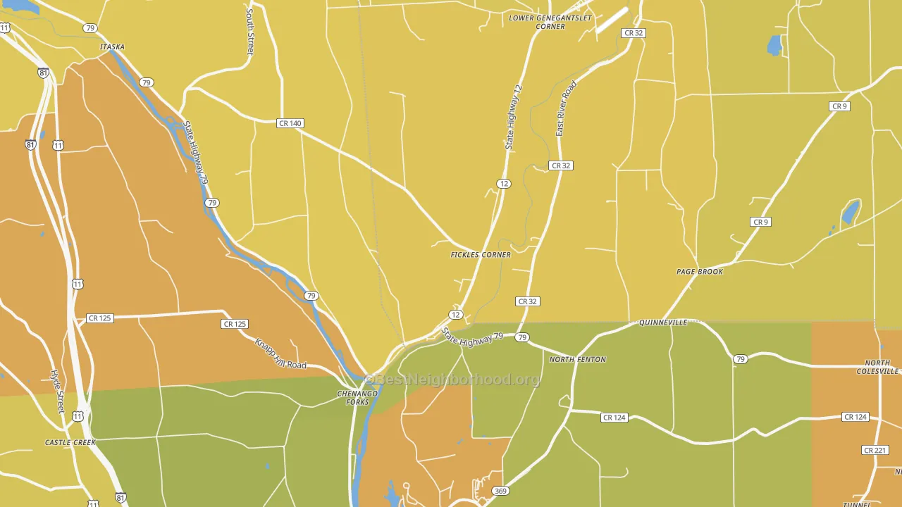 Map of the best neighborhoods in the 13746 area, with better matches in green and worse matches in red