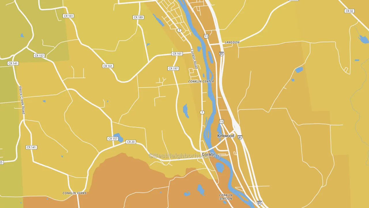 Map of the best neighborhoods in the 13748 area, with better matches in green and worse matches in red