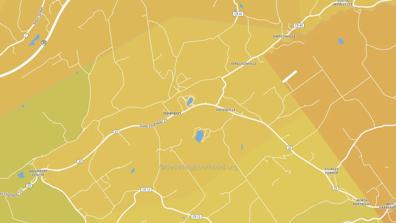 Map of the best neighborhoods in the 13750 area, with better matches in green and worse matches in red