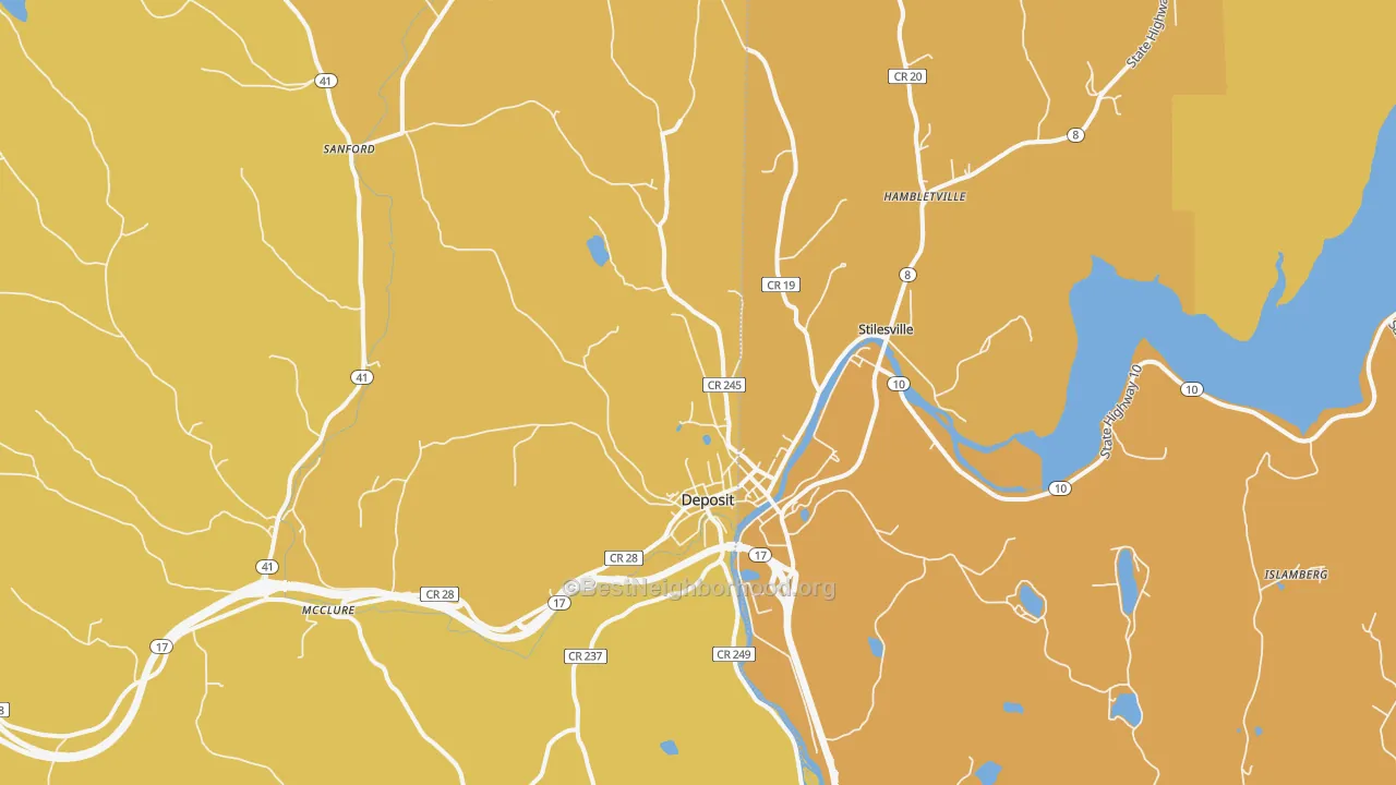 Map of the best neighborhoods in the 13754 area, with better matches in green and worse matches in red