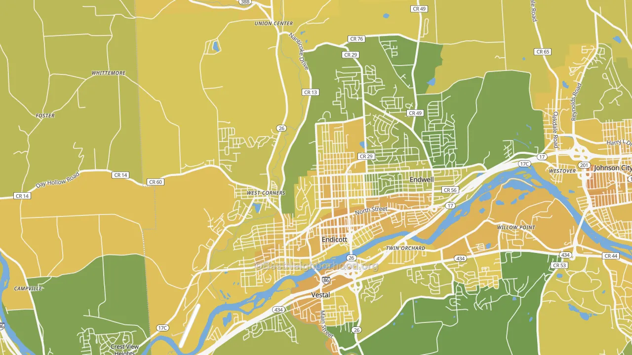 Map of the best neighborhoods in the 13760 area, with better matches in green and worse matches in red