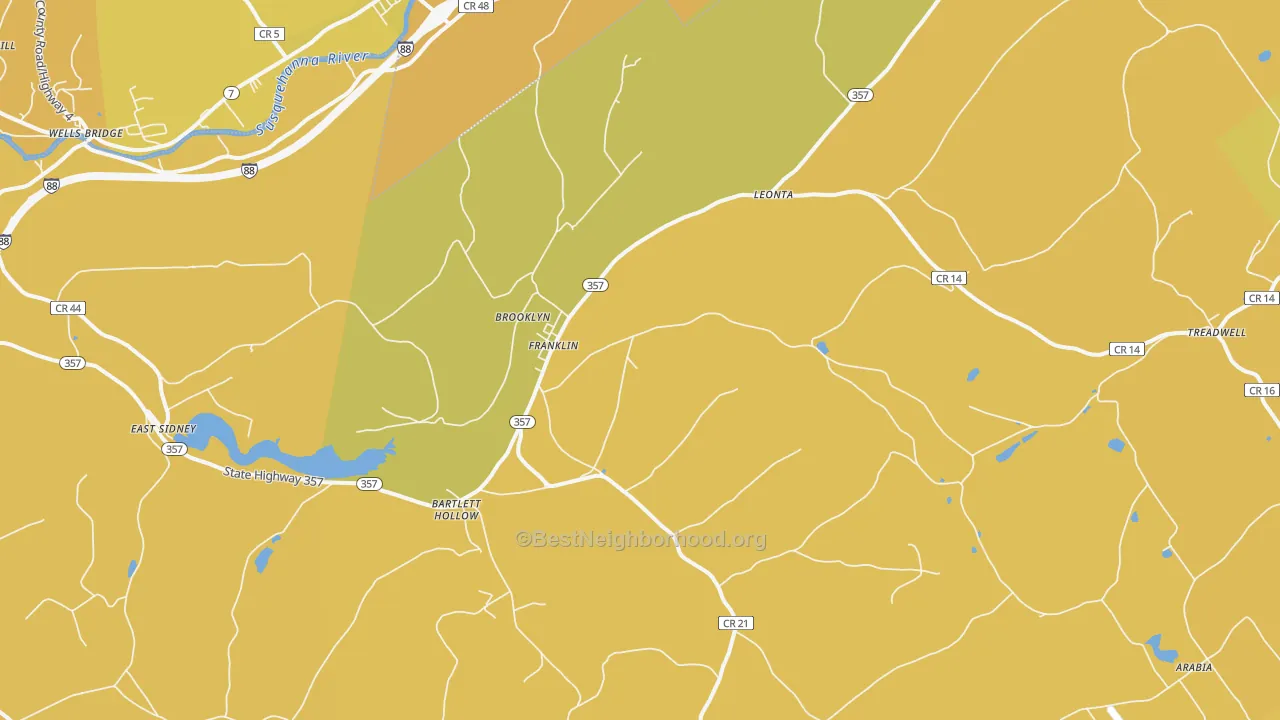 Map of the best neighborhoods in the 13775 area, with better matches in green and worse matches in red