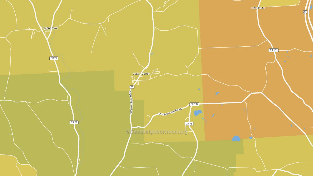 Map of the best neighborhoods in the 13777 area, with better matches in green and worse matches in red