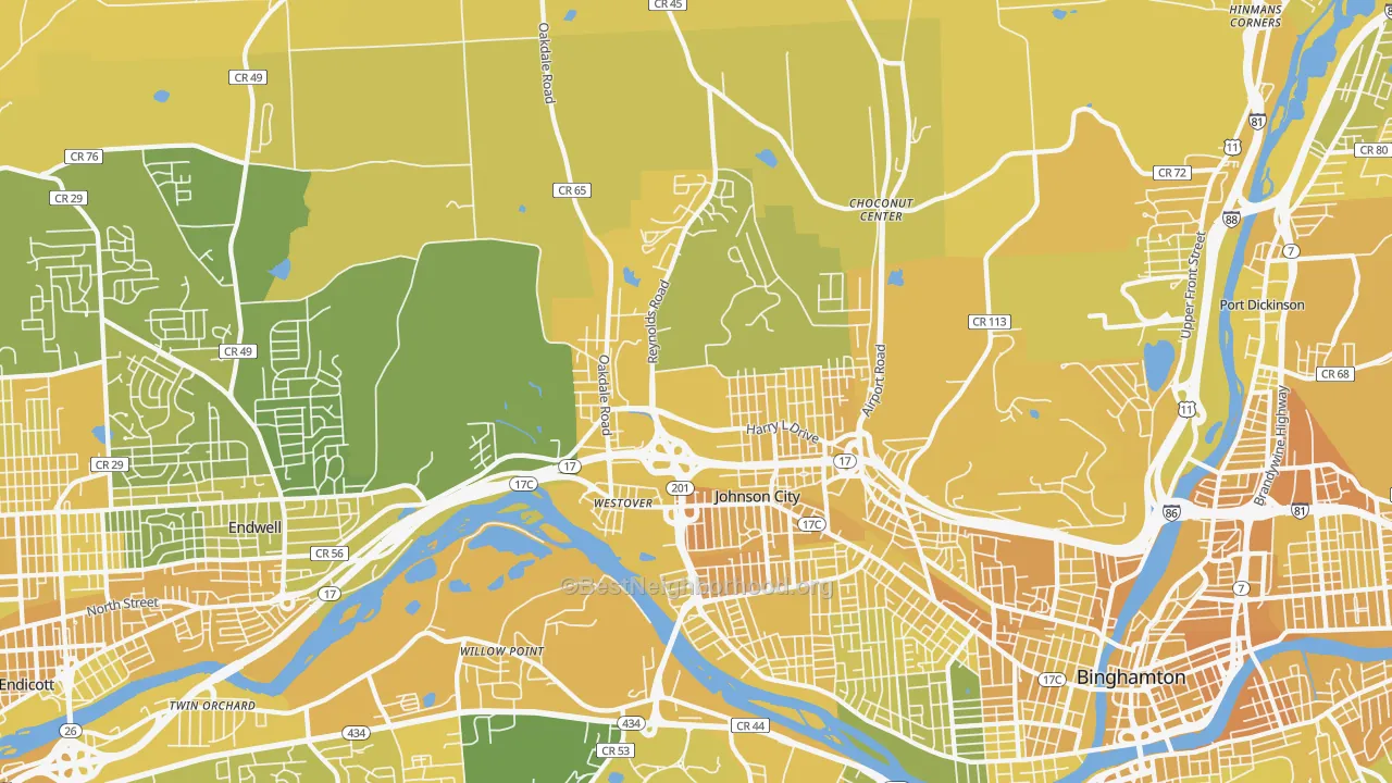Map of the best neighborhoods in the 13790 area, with better matches in green and worse matches in red