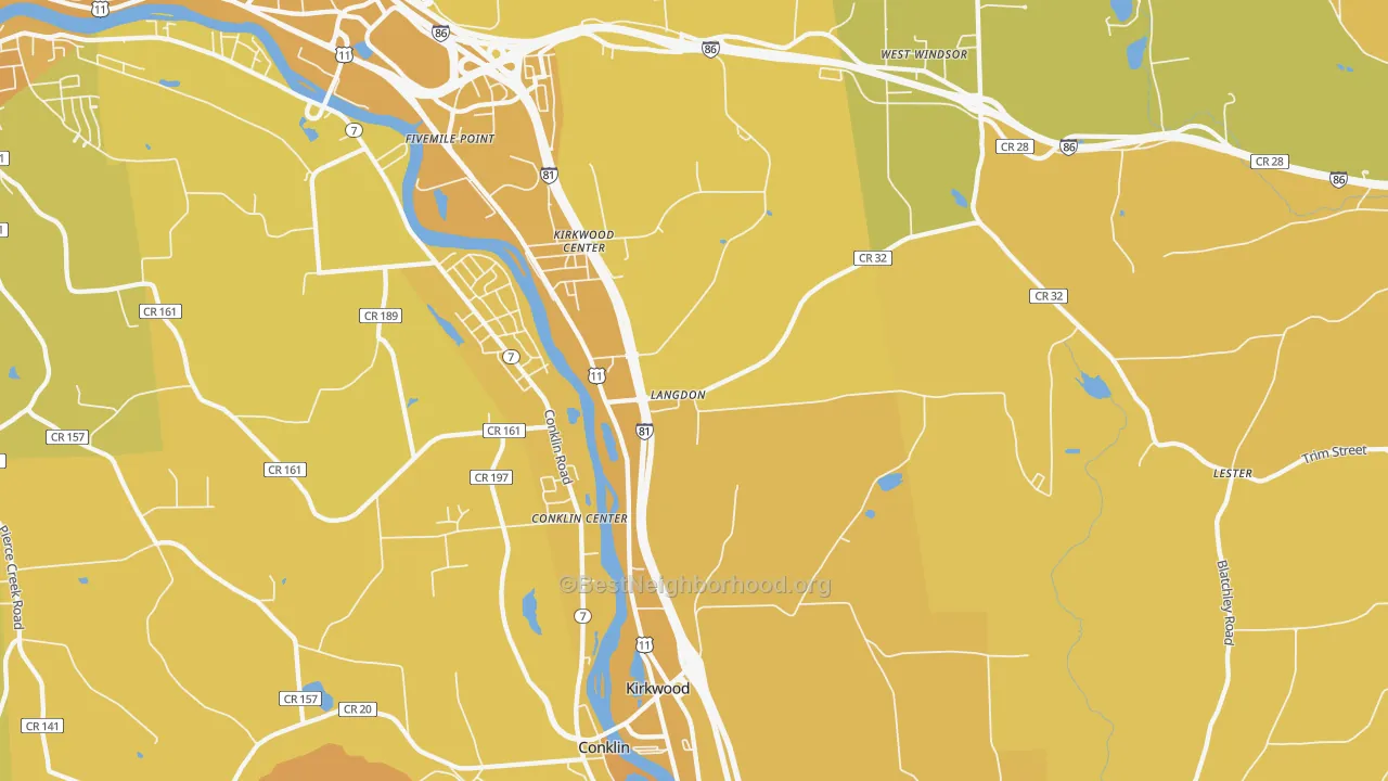 Map of the best neighborhoods in the 13795 area, with better matches in green and worse matches in red