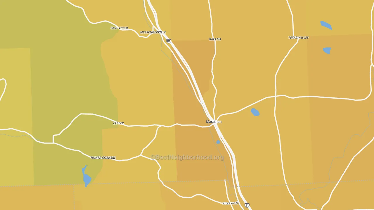 Map of the best neighborhoods in the 13803 area, with better matches in green and worse matches in red