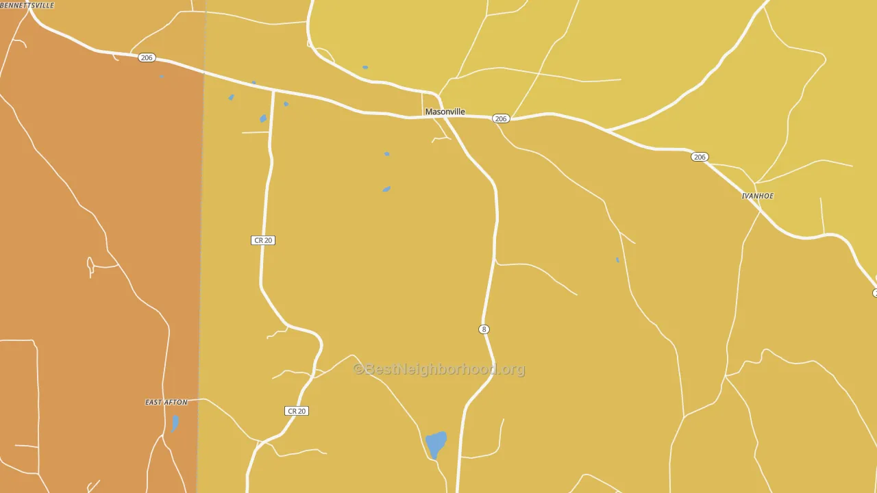 Map of the best neighborhoods in the 13804 area, with better matches in green and worse matches in red