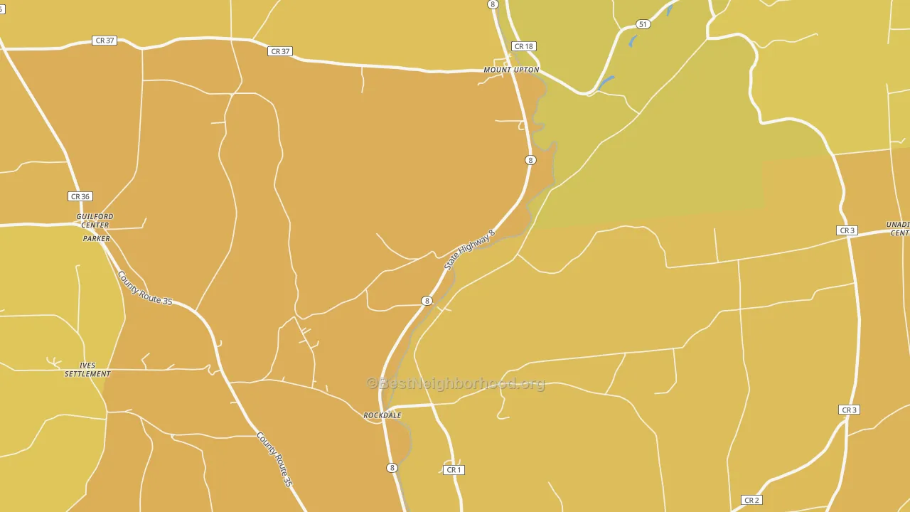 Map of the best neighborhoods in the 13809 area, with better matches in green and worse matches in red