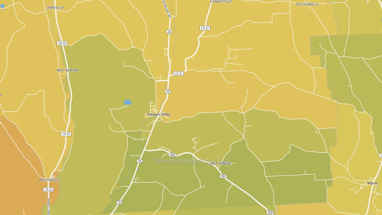 Map of the best neighborhoods in the 13811 area, with better matches in green and worse matches in red