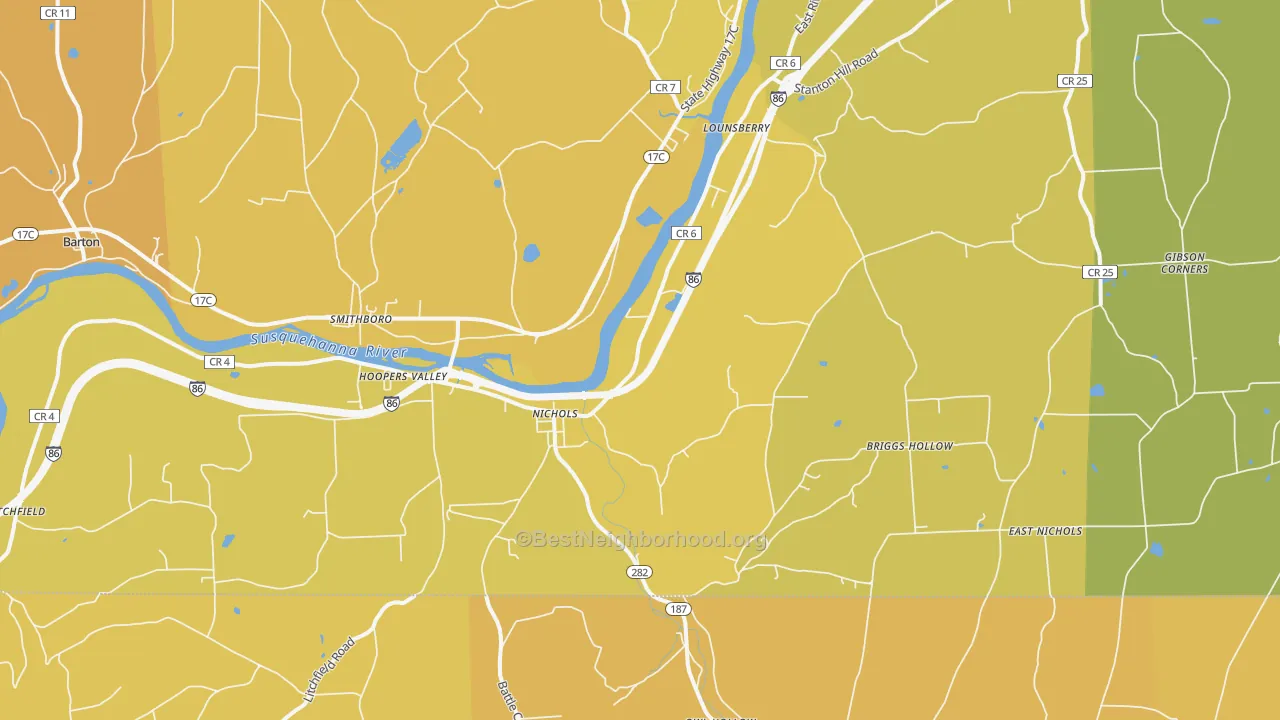 Map of the best neighborhoods in the 13812 area, with better matches in green and worse matches in red