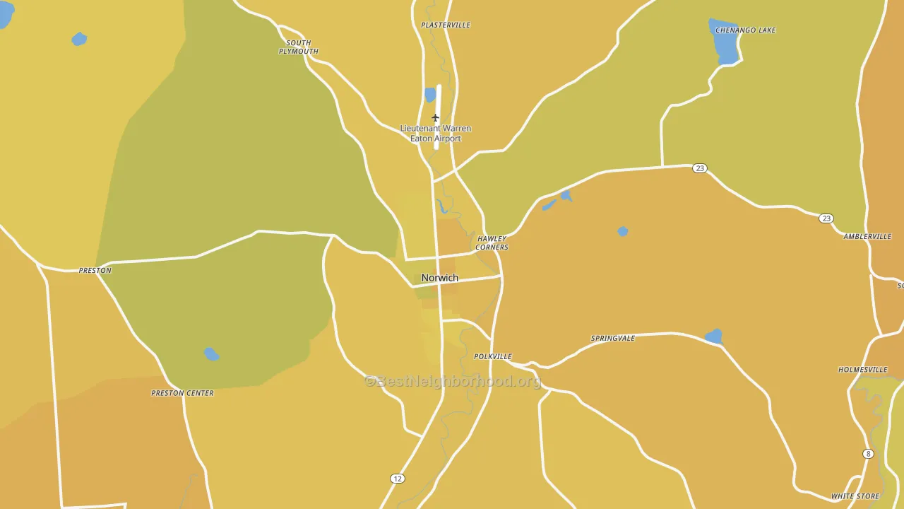 Map of the best neighborhoods in the 13815 area, with better matches in green and worse matches in red
