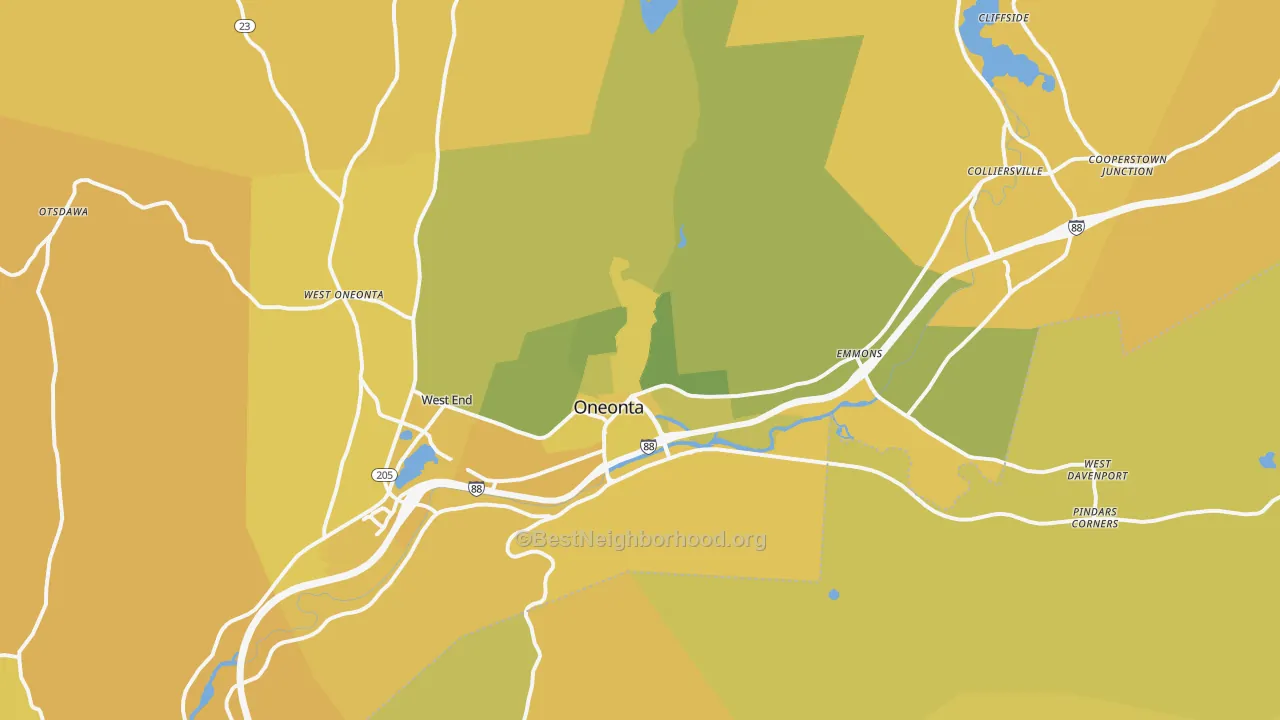 Map of the best neighborhoods in the 13820 area, with better matches in green and worse matches in red