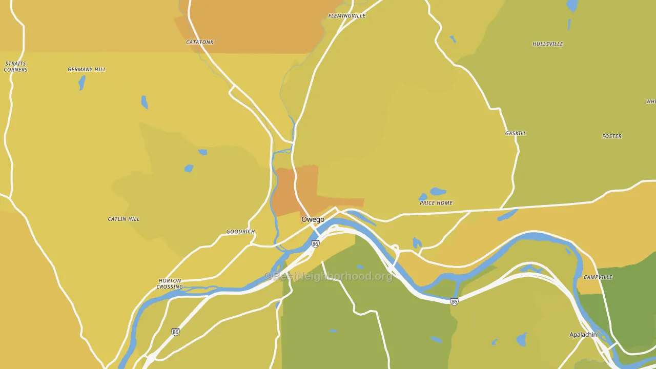 Map of the best neighborhoods in the 13827 area, with better matches in green and worse matches in red