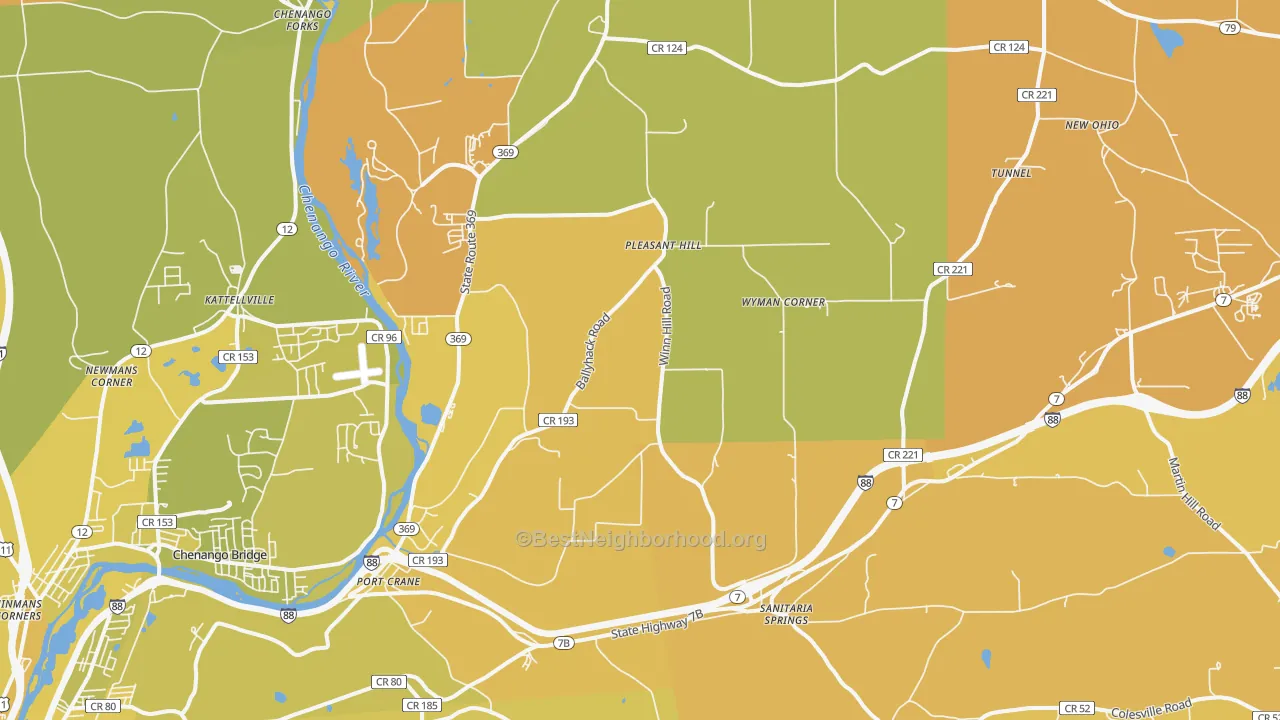 Map of the best neighborhoods in the 13833 area, with better matches in green and worse matches in red