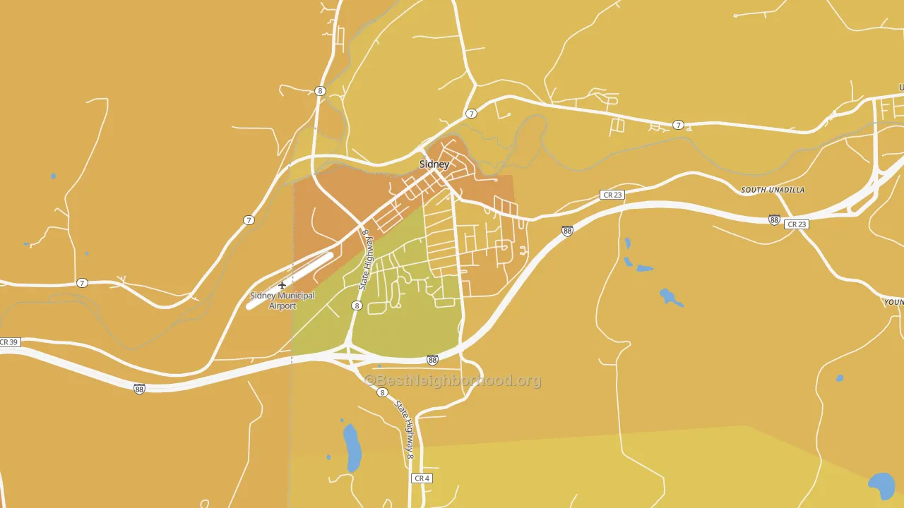 Map of the best neighborhoods in the 13838 area, with better matches in green and worse matches in red