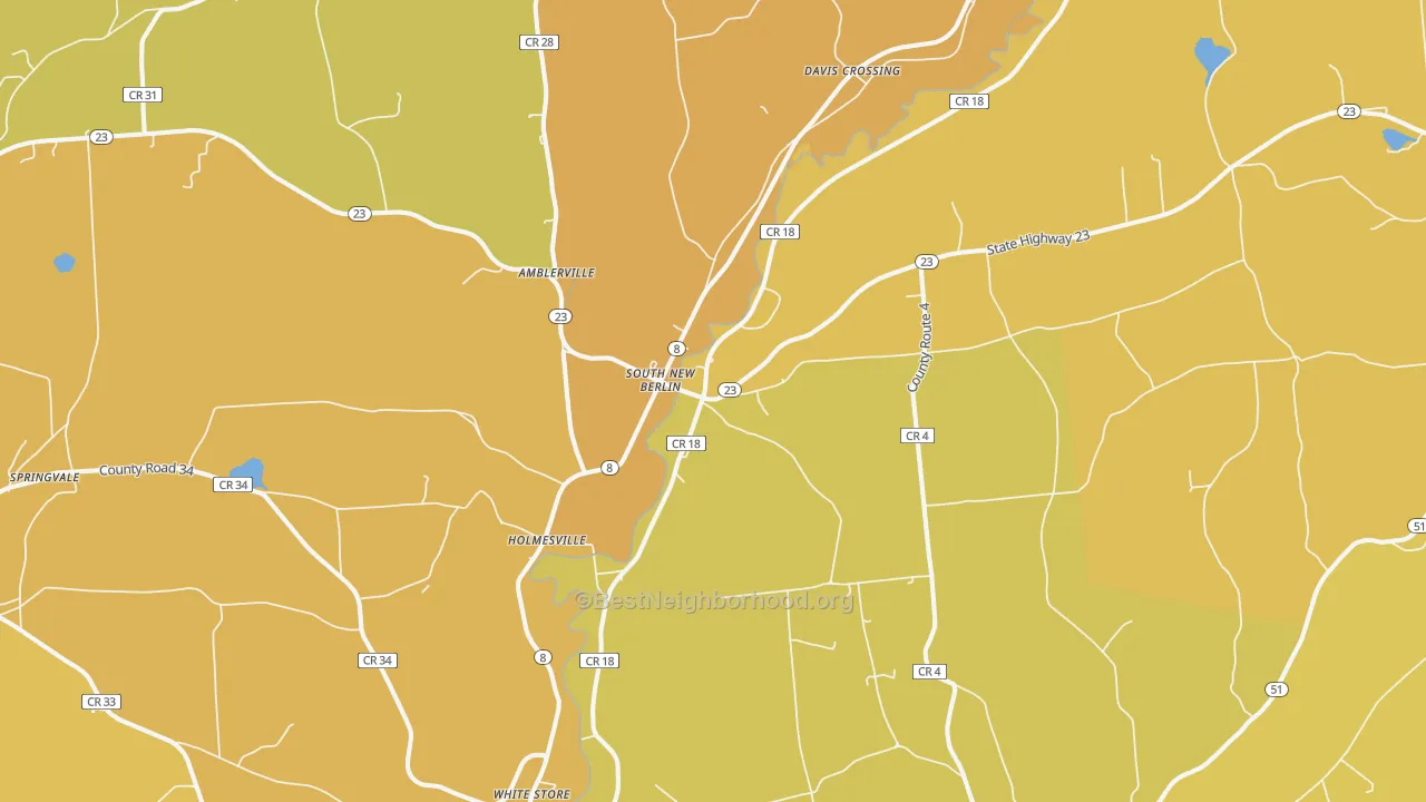 Map of the best neighborhoods in the 13843 area, with better matches in green and worse matches in red