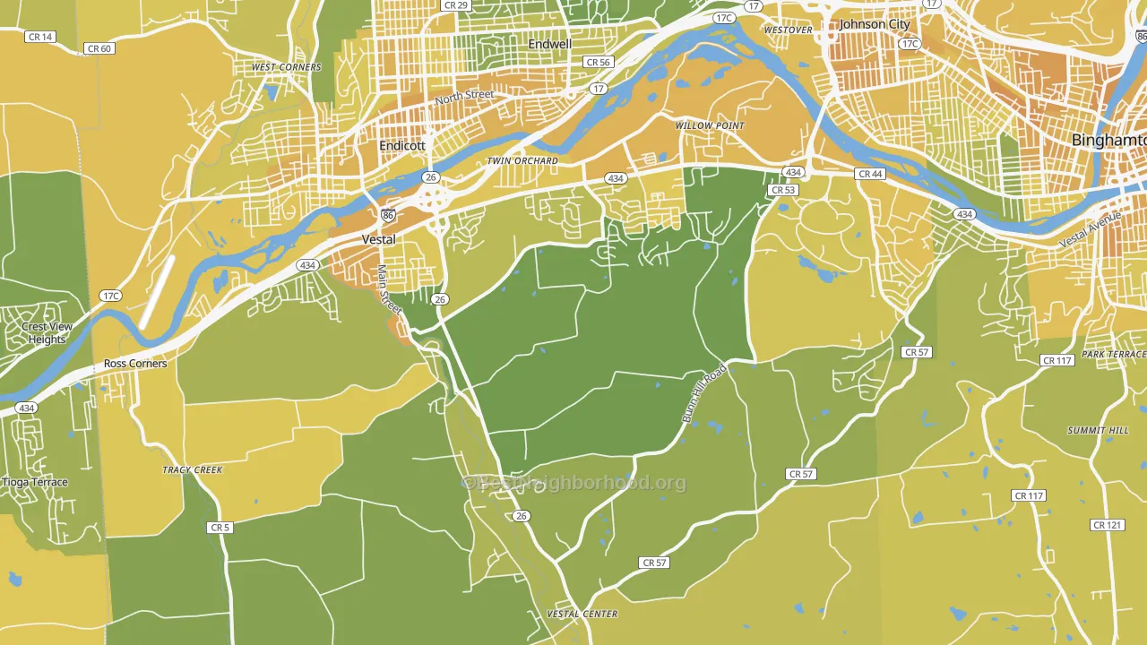 Map of the best neighborhoods in the 13850 area, with better matches in green and worse matches in red