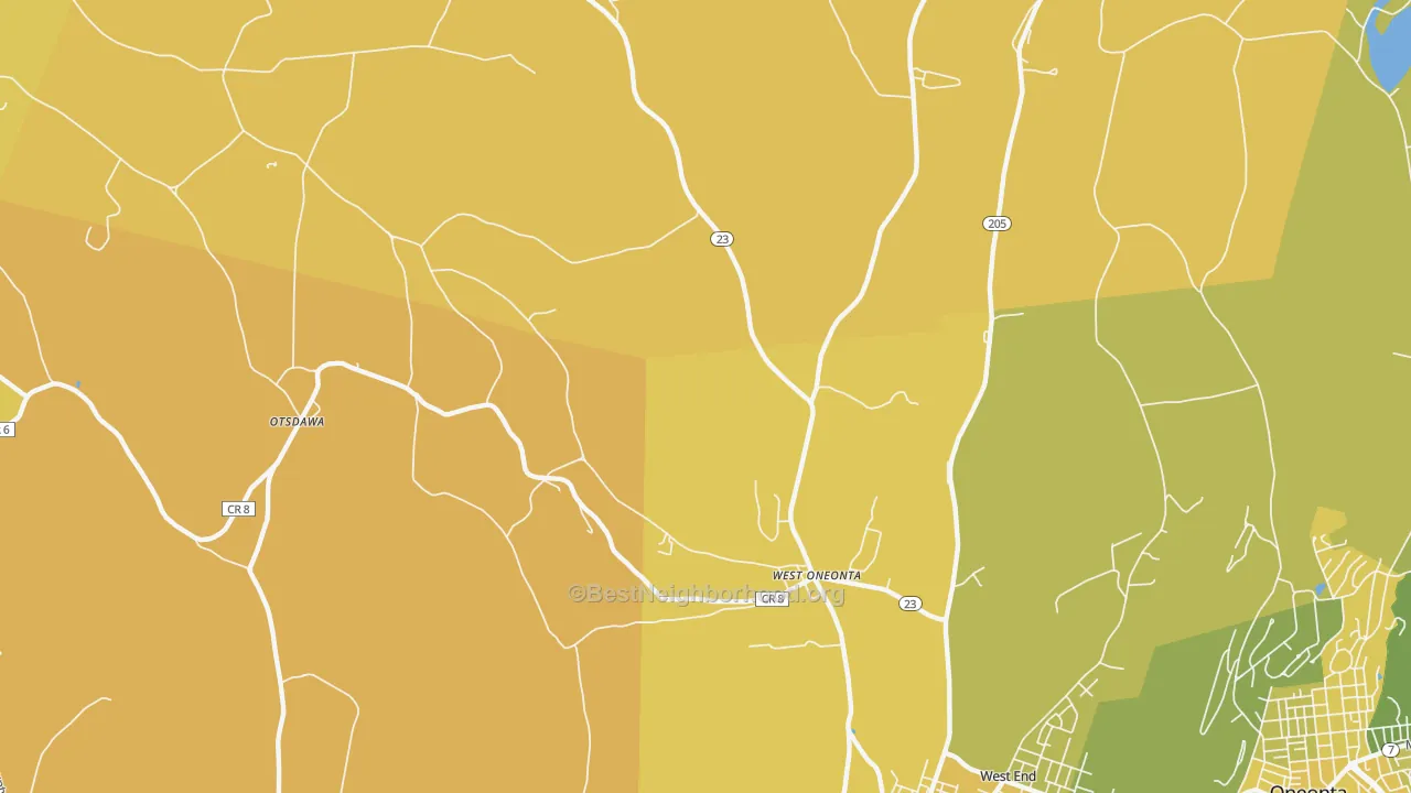 Map of the best neighborhoods in the 13861 area, with better matches in green and worse matches in red