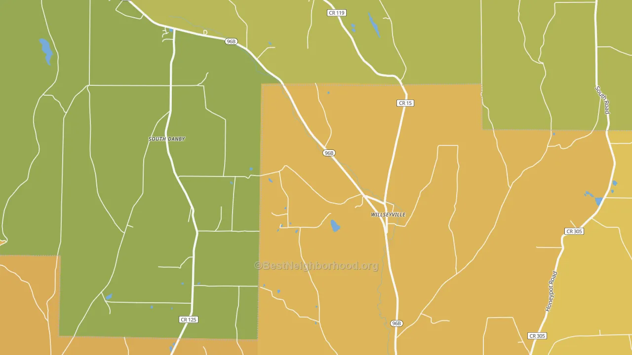 Map of the best neighborhoods in the 13864 area, with better matches in green and worse matches in red