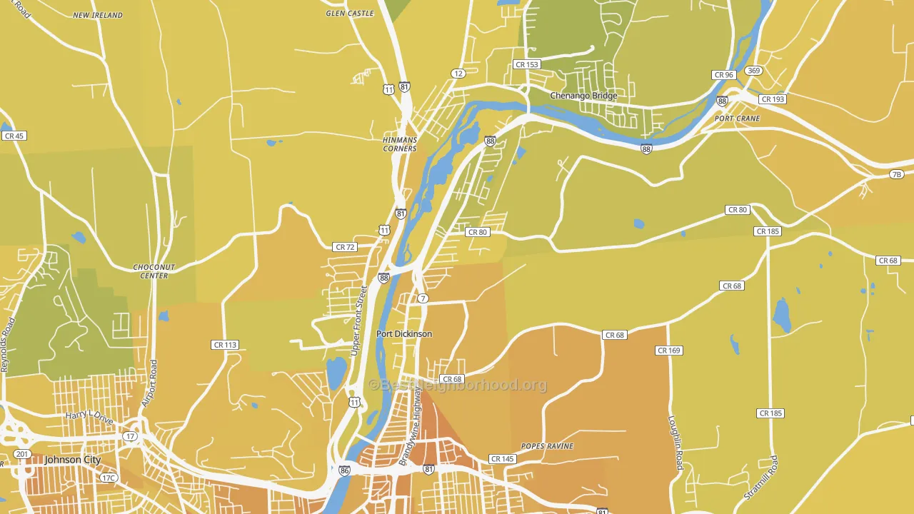 Map of the best neighborhoods in the 13901 area, with better matches in green and worse matches in red