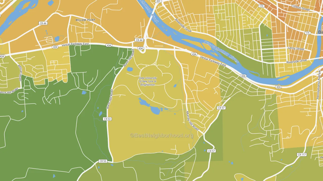 Map of the best neighborhoods in the 13902 area, with better matches in green and worse matches in red