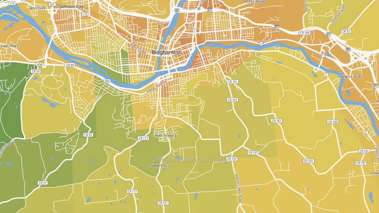 Map of the best neighborhoods in the 13903 area, with better matches in green and worse matches in red