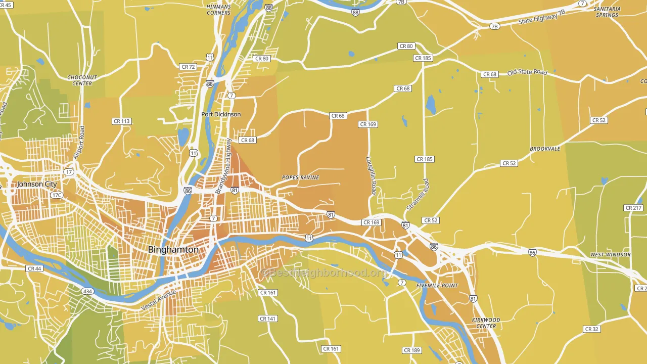 Map of the best neighborhoods in the 13904 area, with better matches in green and worse matches in red