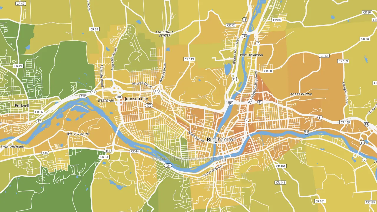 Map of the best neighborhoods in the 13905 area, with better matches in green and worse matches in red