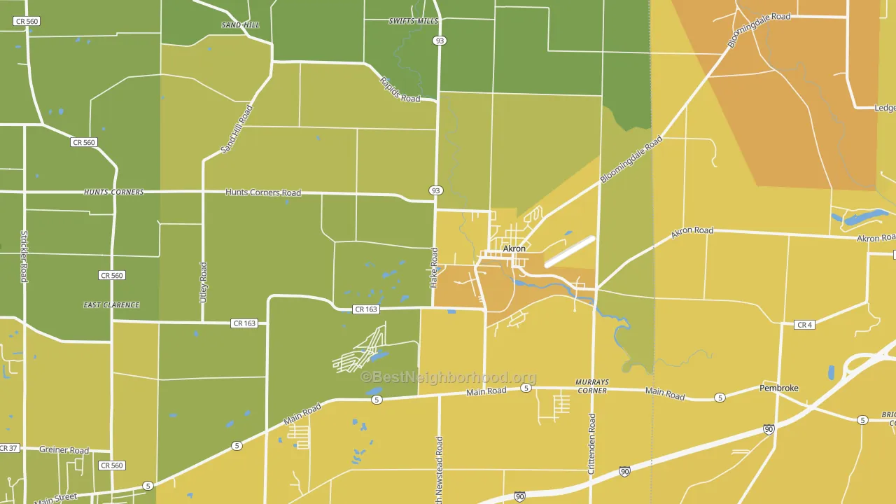 Map of the best neighborhoods in the 14001 area, with better matches in green and worse matches in red